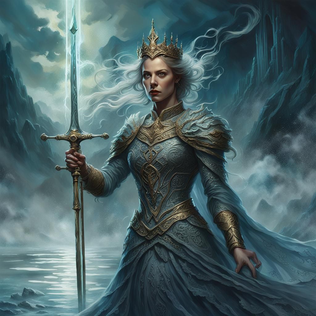Lady of the Lake Wielding Excalibur: Dark Fantasy Art