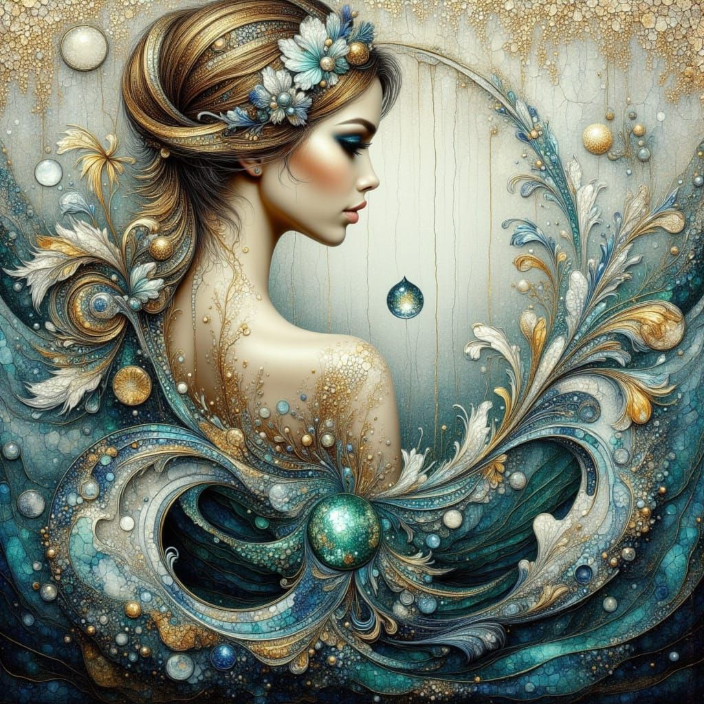 Water Nymph Emerges in Klimt Style with Gold Leaf