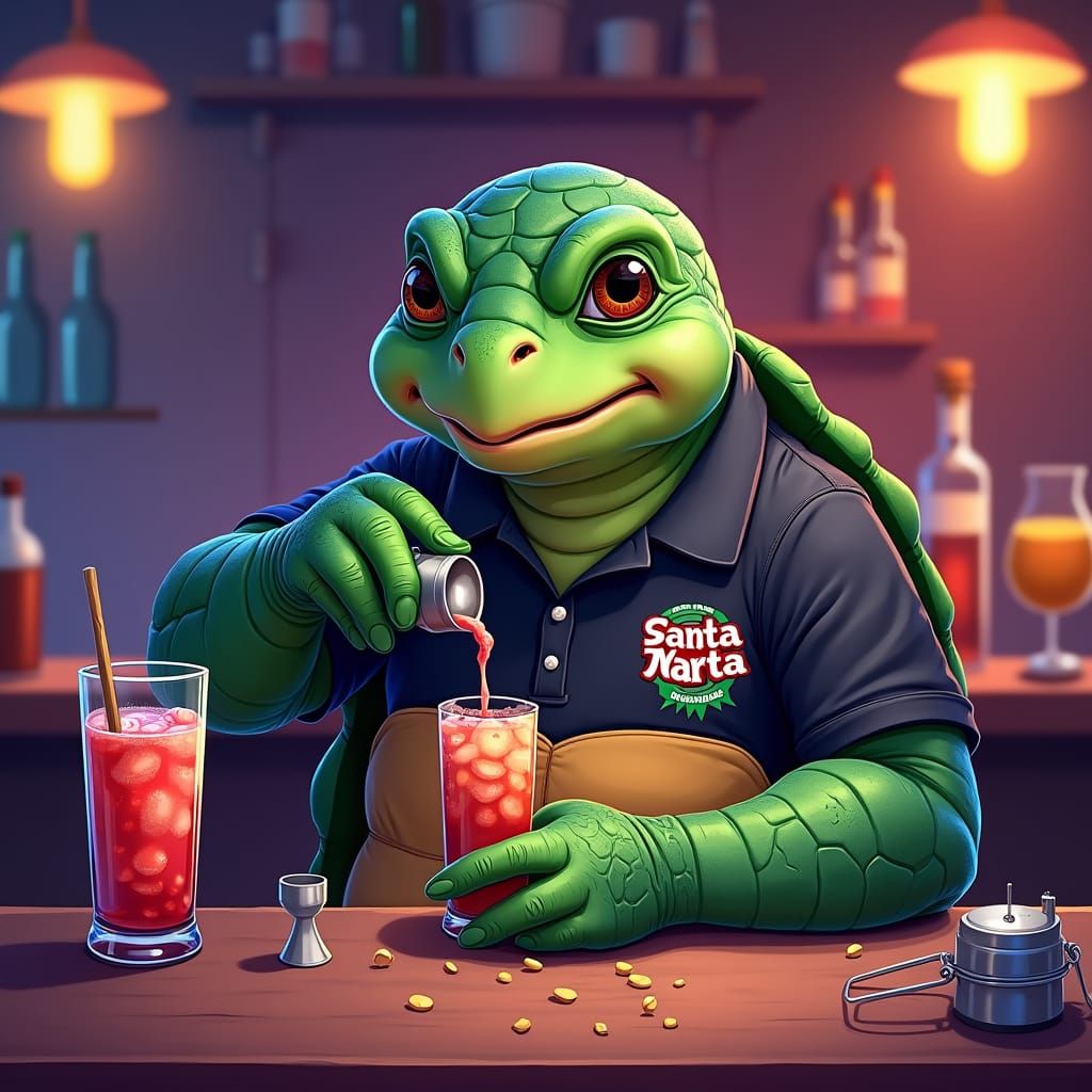 Turtle Bartender Mixing Colorful Cocktail, Cartoon Style