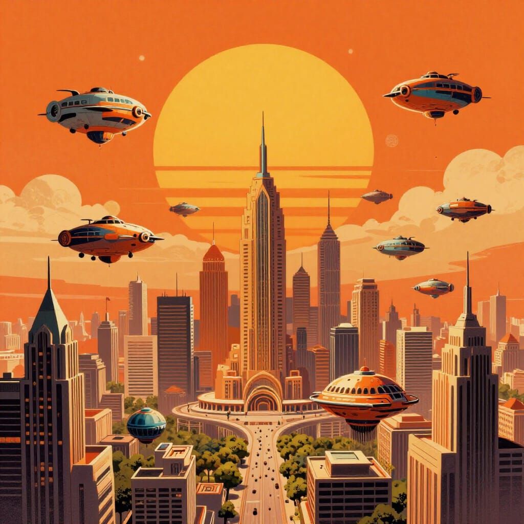 Retro-Futuristic Floating City Under Orange Sun