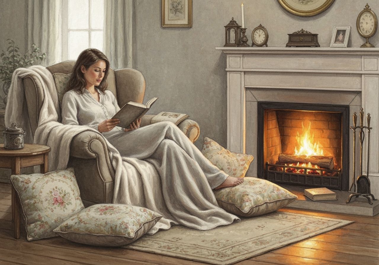 Cozy Reading Nook: Shabby Chic Armchair with Fireplace Glow