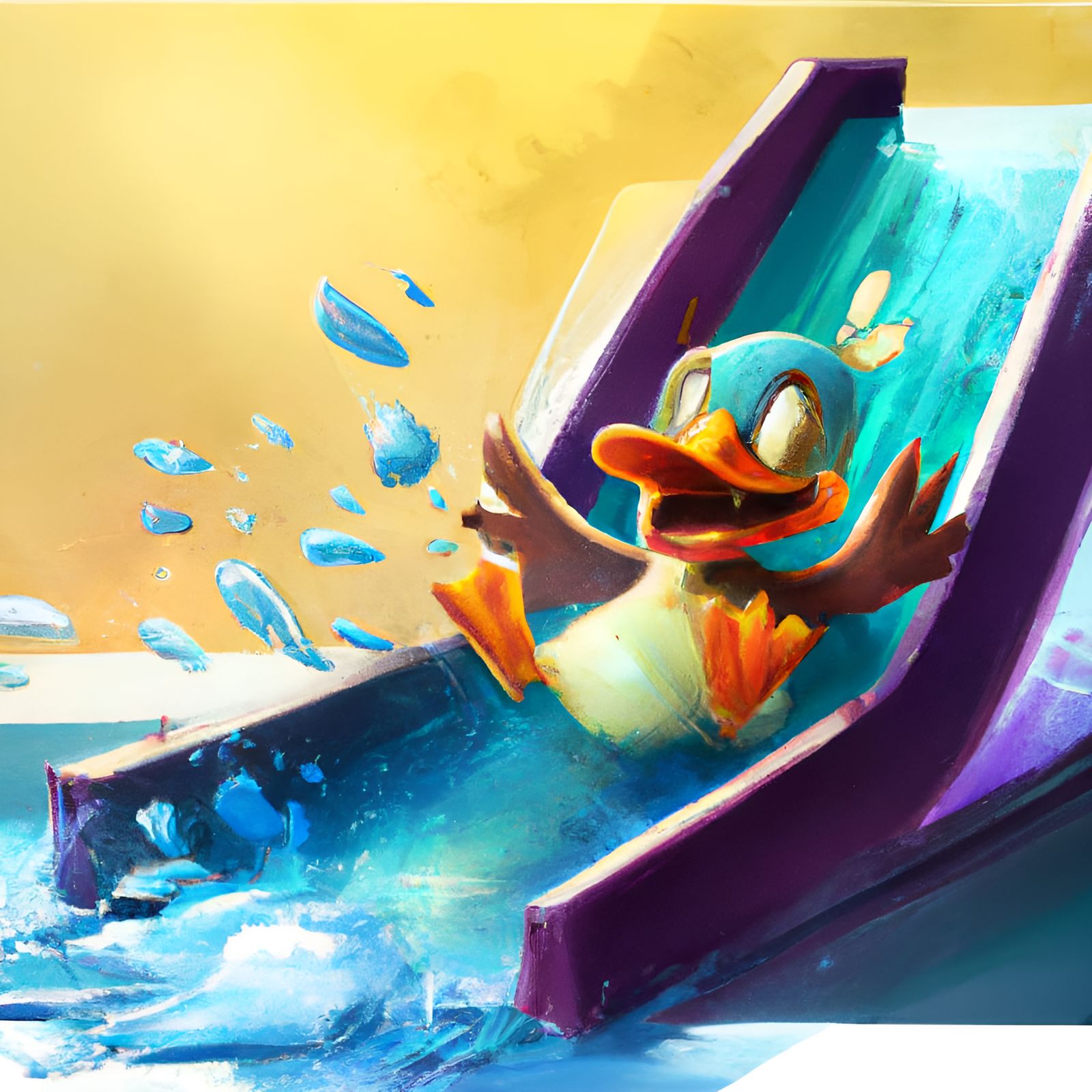 Excited Duck on Waterslide in Summer Colors