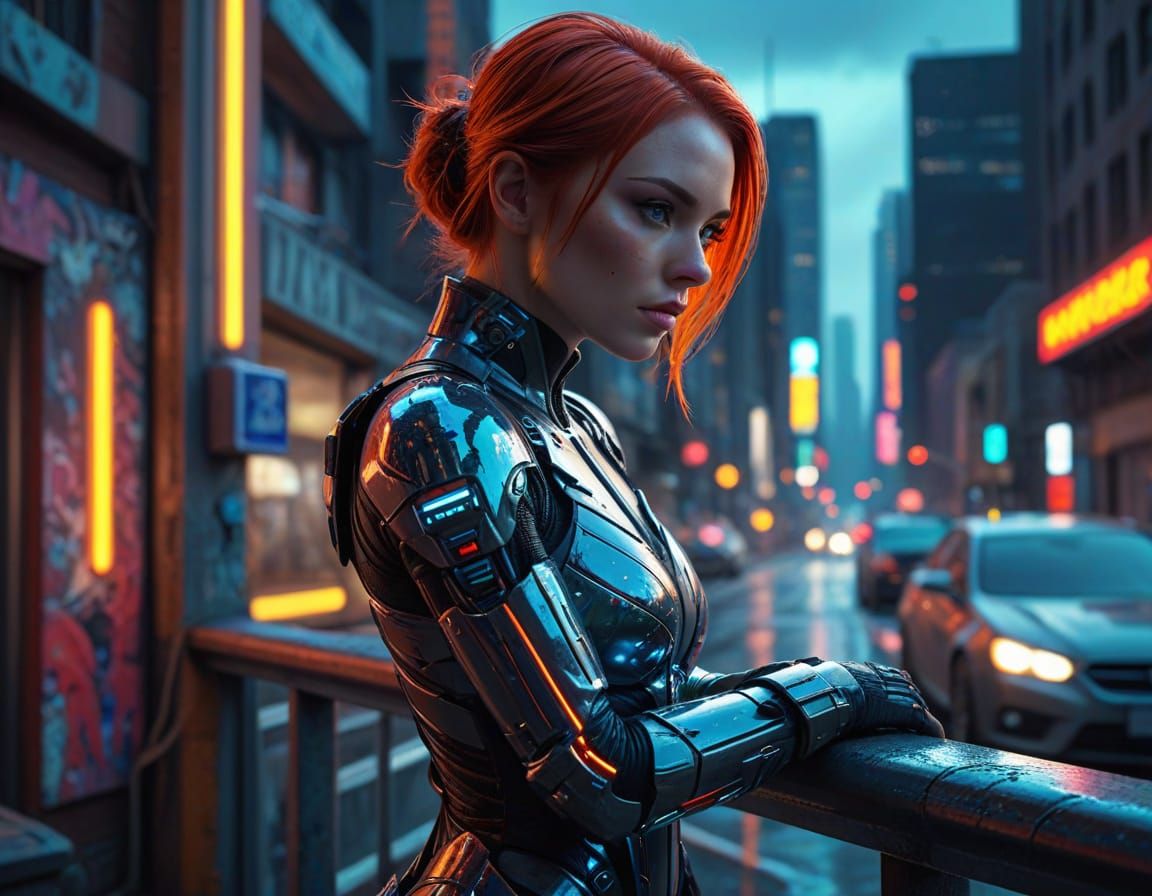 Android Woman Leans Against Railing in Vibrant Cityscape