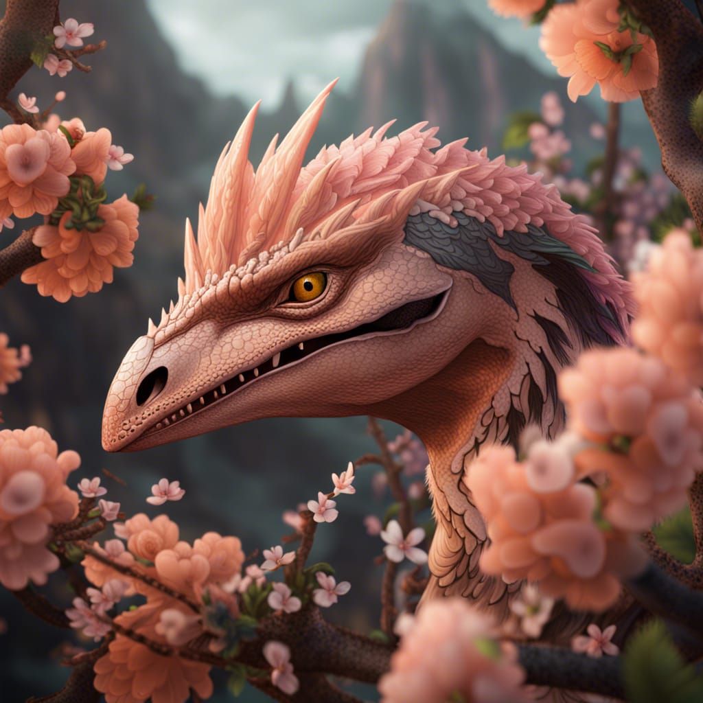 Peach Velociraptor with Blossoms: Fantasy Concept Art