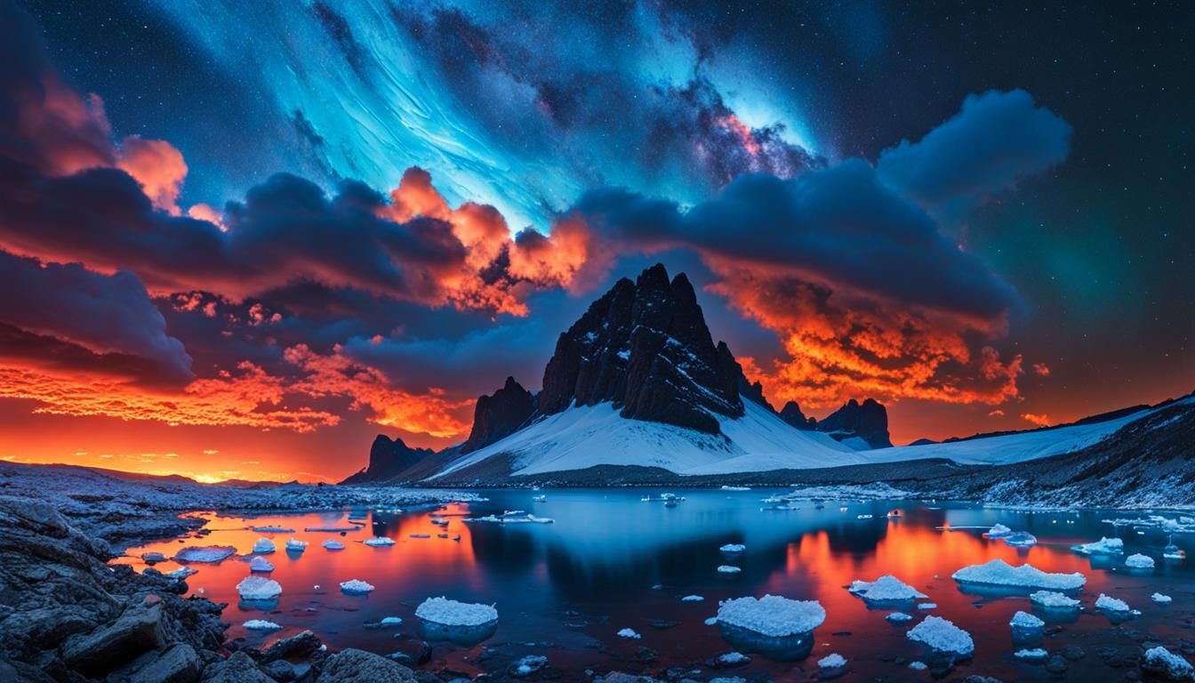 Bioluminescent Sky over Ice and Fire Landscape