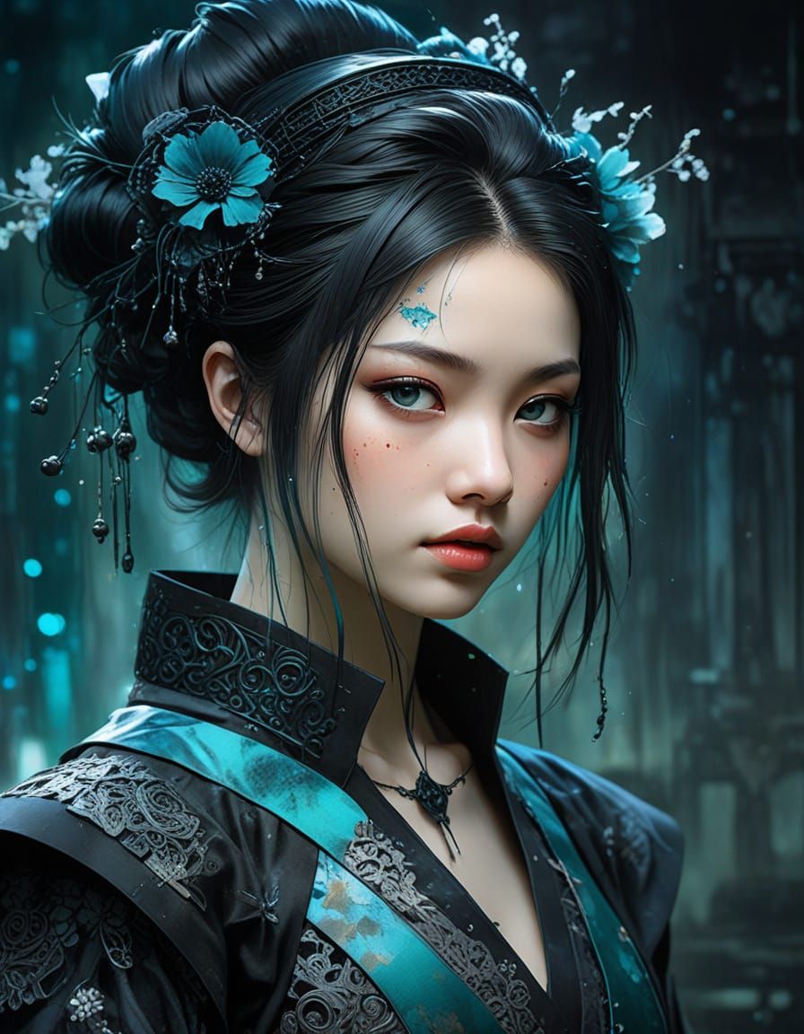Gothic Cyberpunk Geisha in Watercolor Splash Art