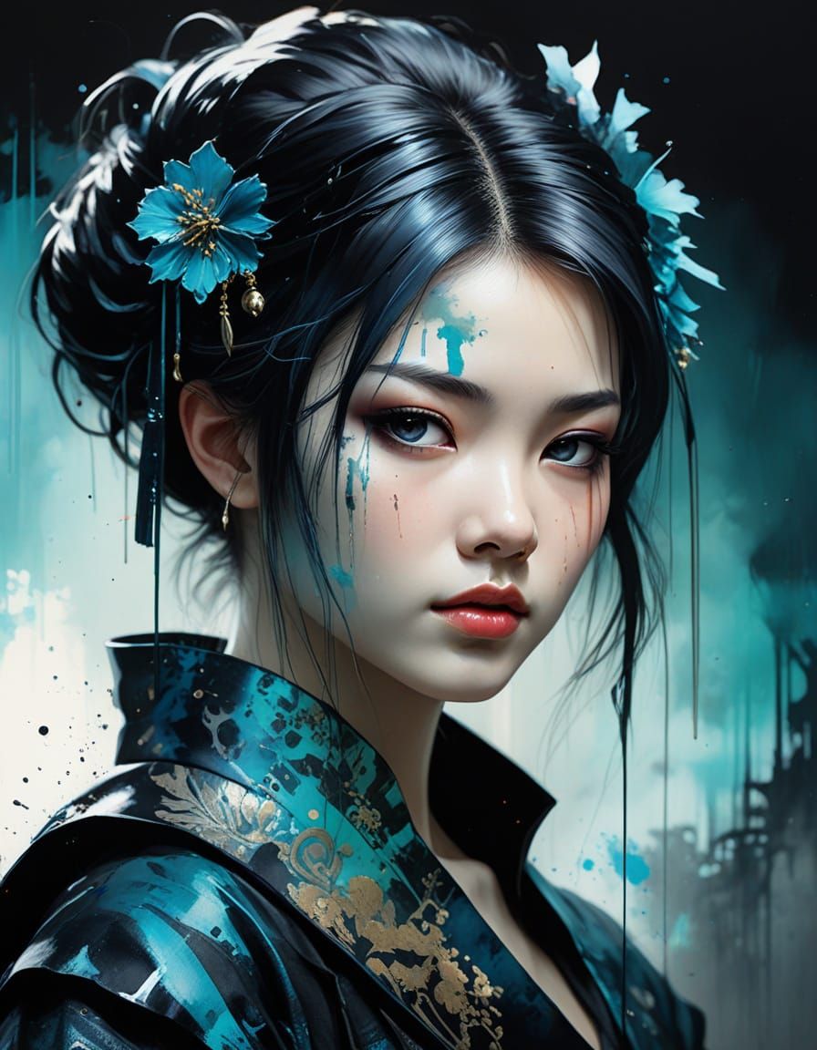 Gothic Cyberpunk Geisha in Watercolor Splash Art