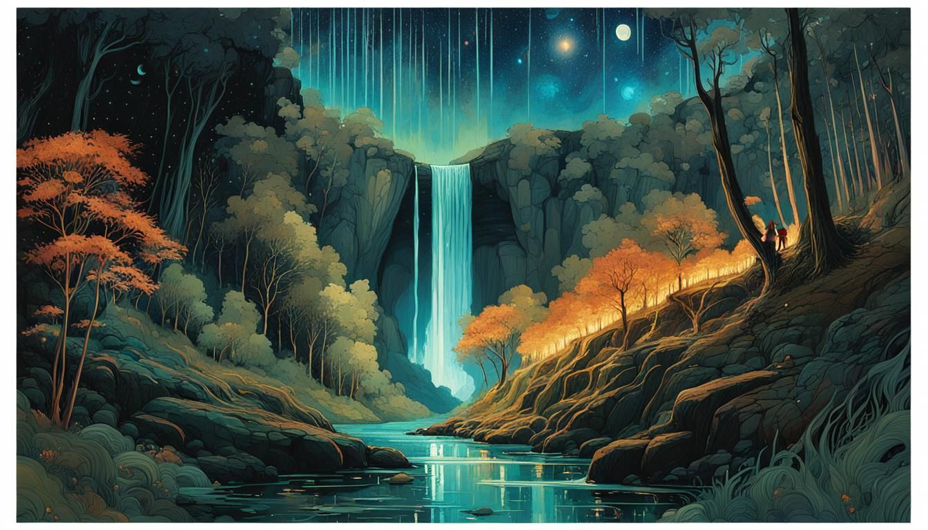 Bioluminescent Waterfall Under Starry Cosmic Night Sky