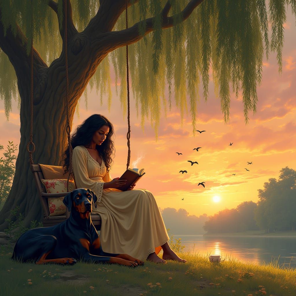 Serene African American Woman Reads Under Majestic Willow Tr...