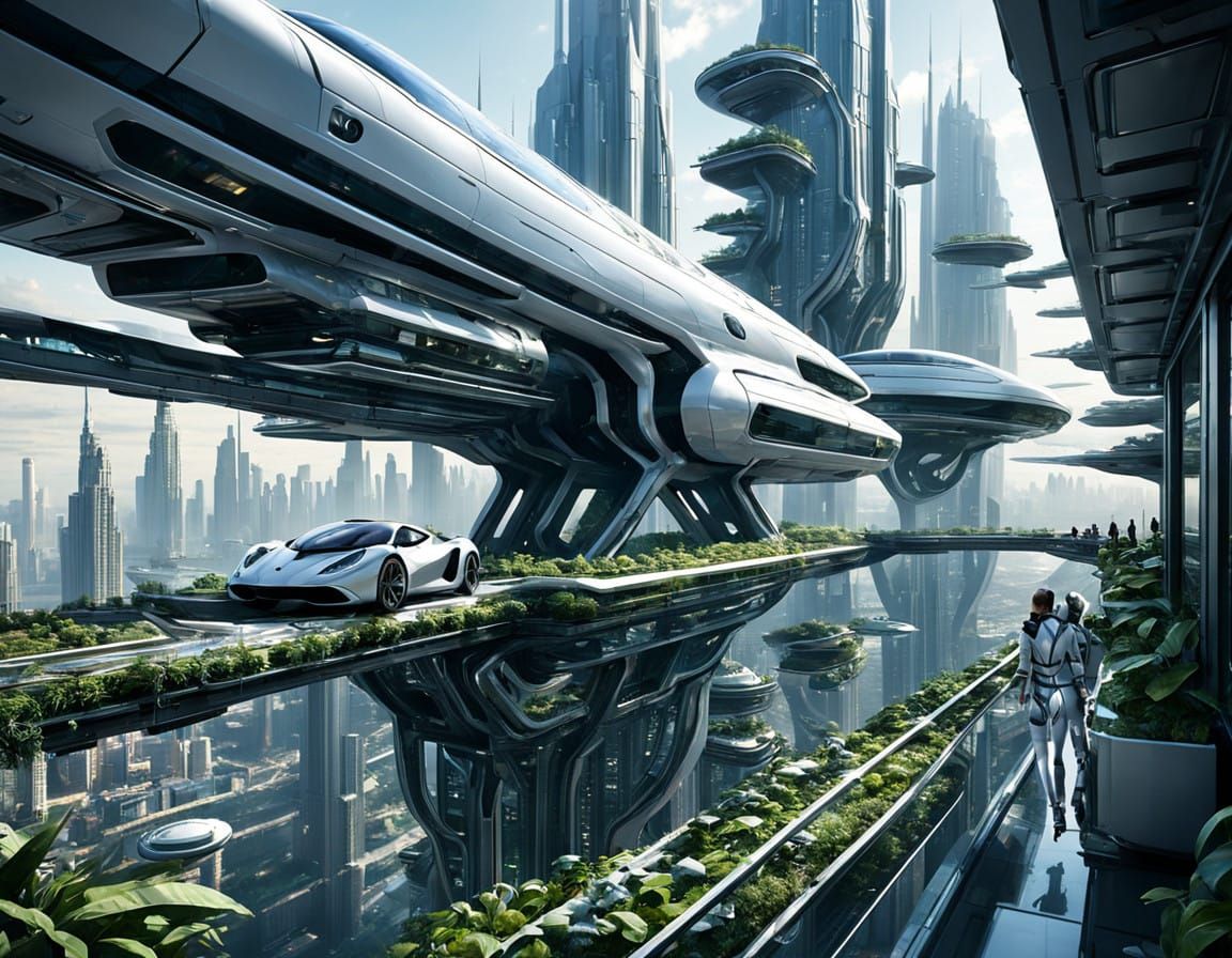 Sleek Futuristic Utopia with Harmony Between Humans and Natu...