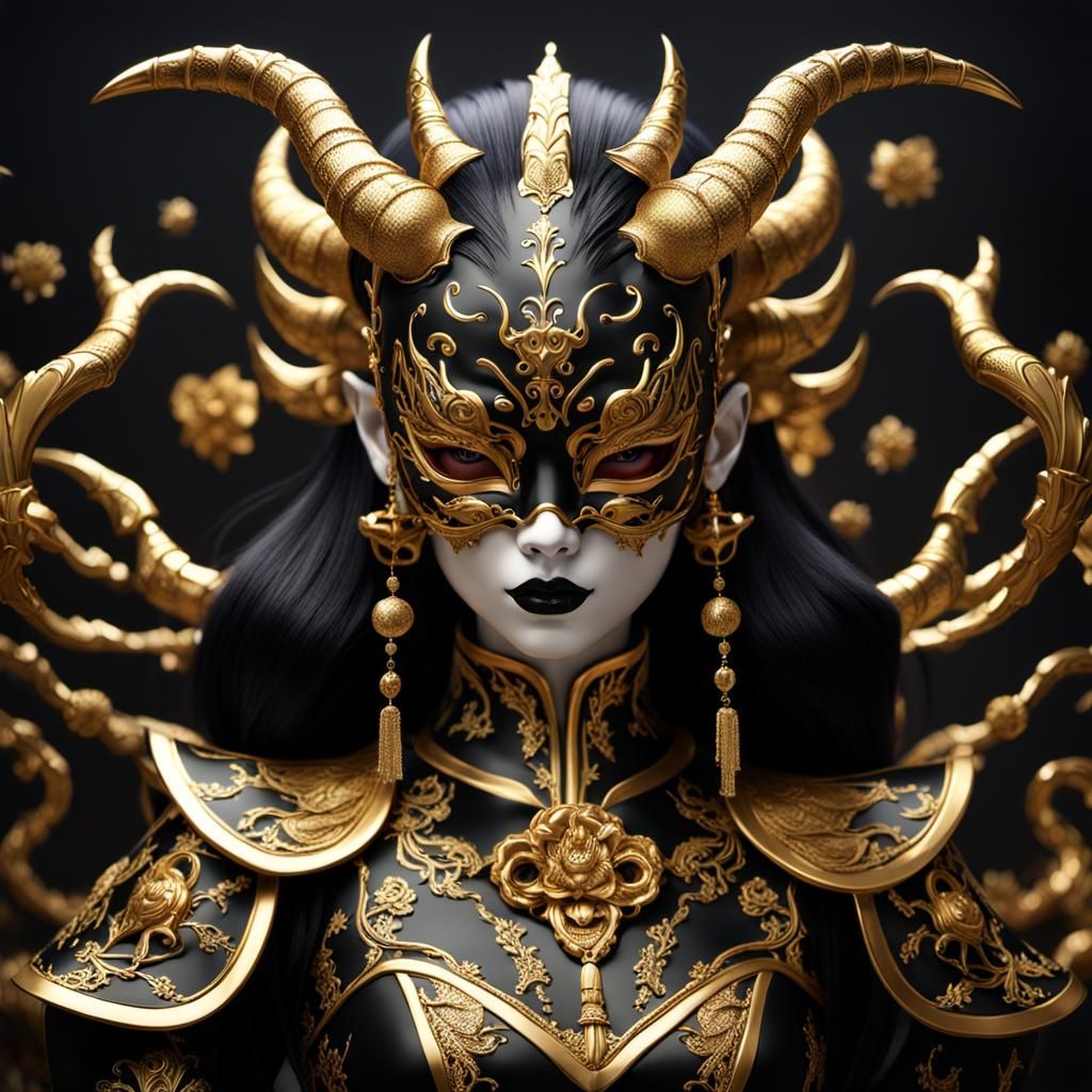 Gold and Black Porcelain Doll with Masquerade Mask