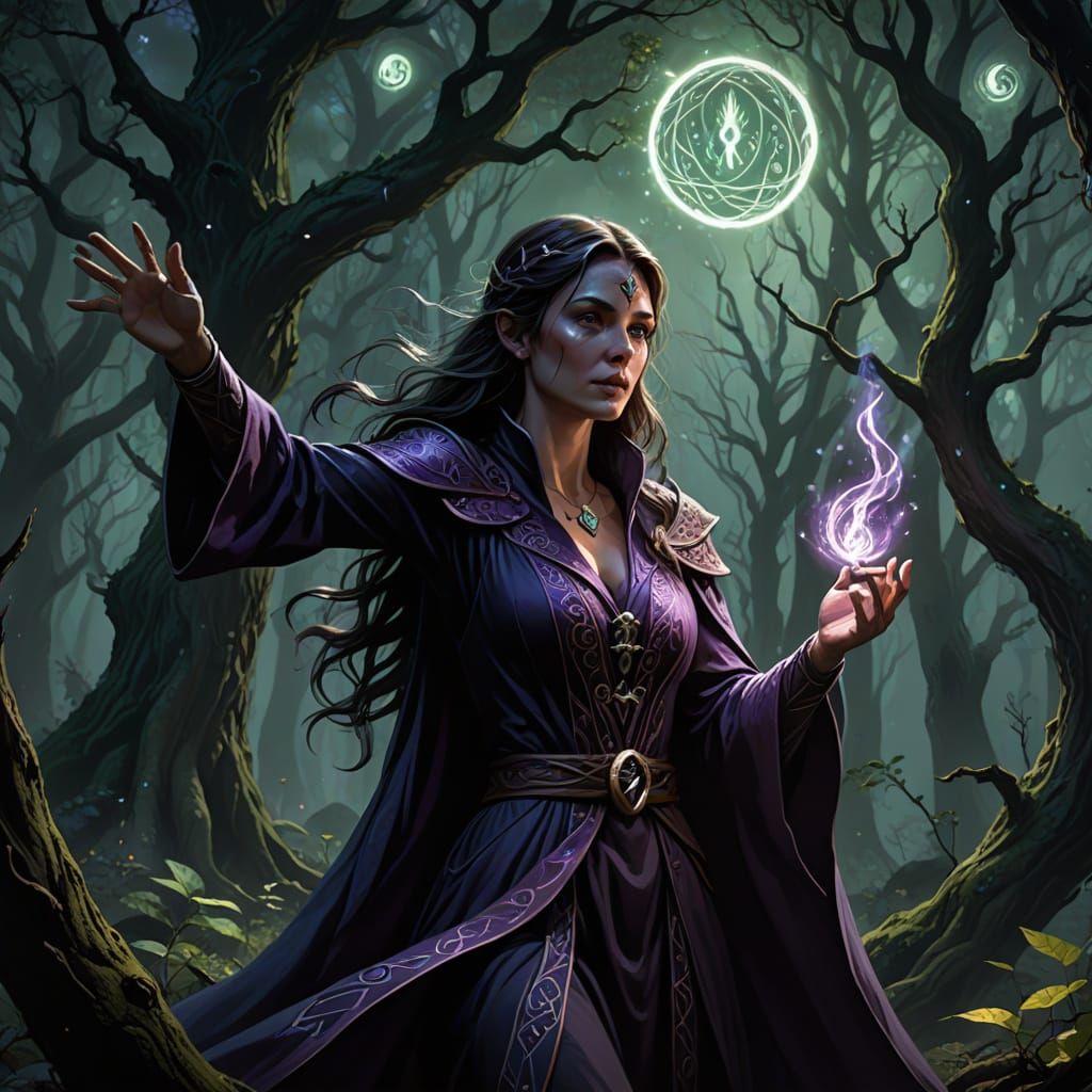 Female Sorceress Casting Spell in Dark Forest