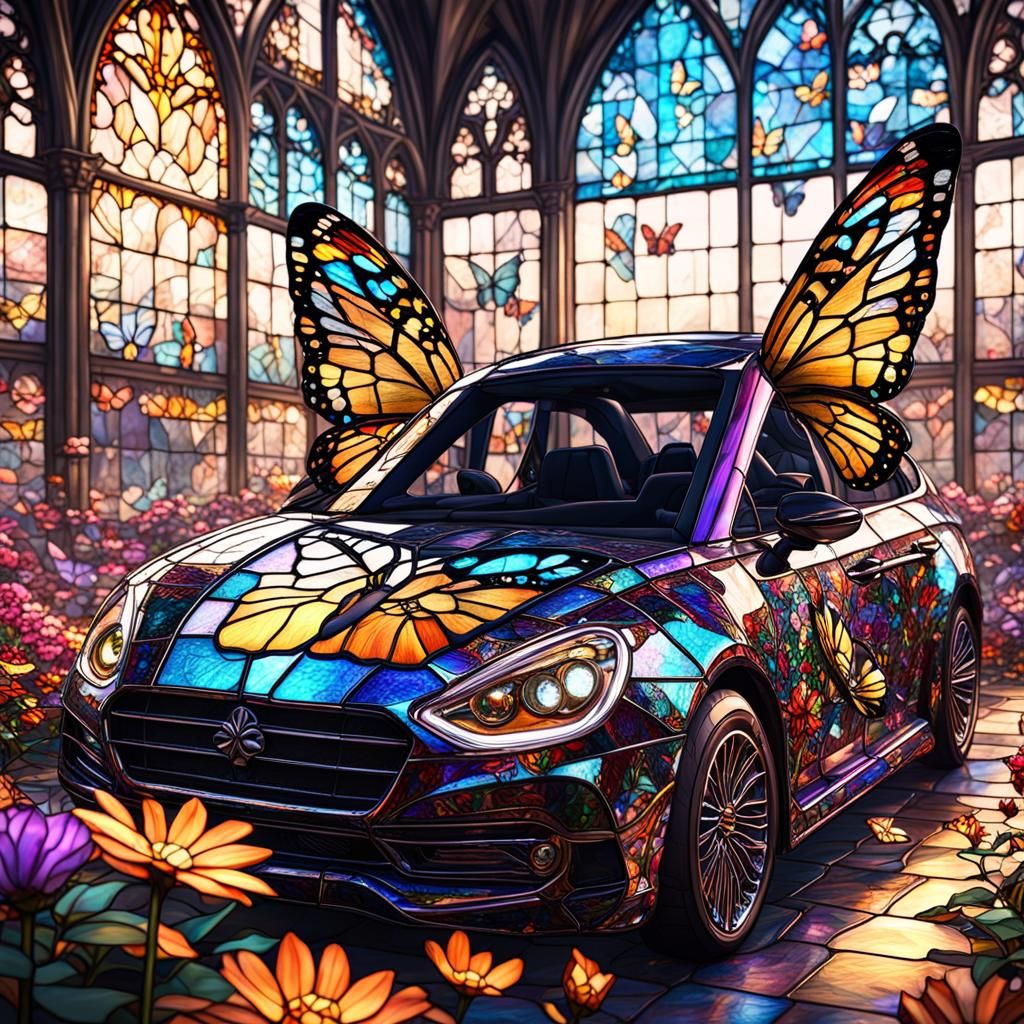 Stained Glass Butterfly Car in Floral Landscape