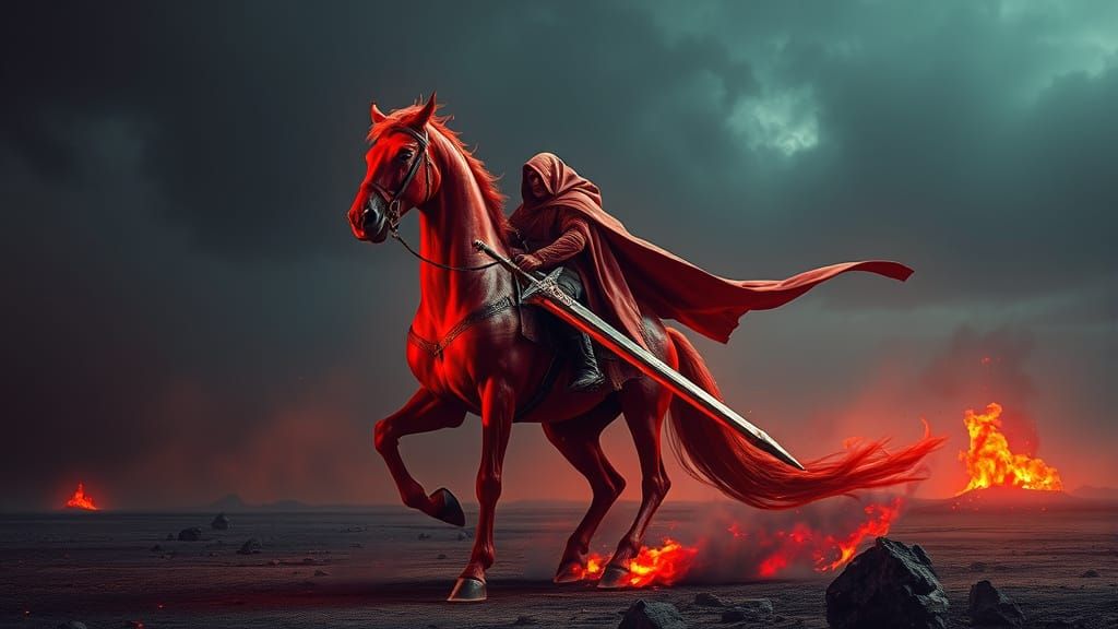 Apocalyptic Red Horseman Unleashes Fury in Desolate Landscap...