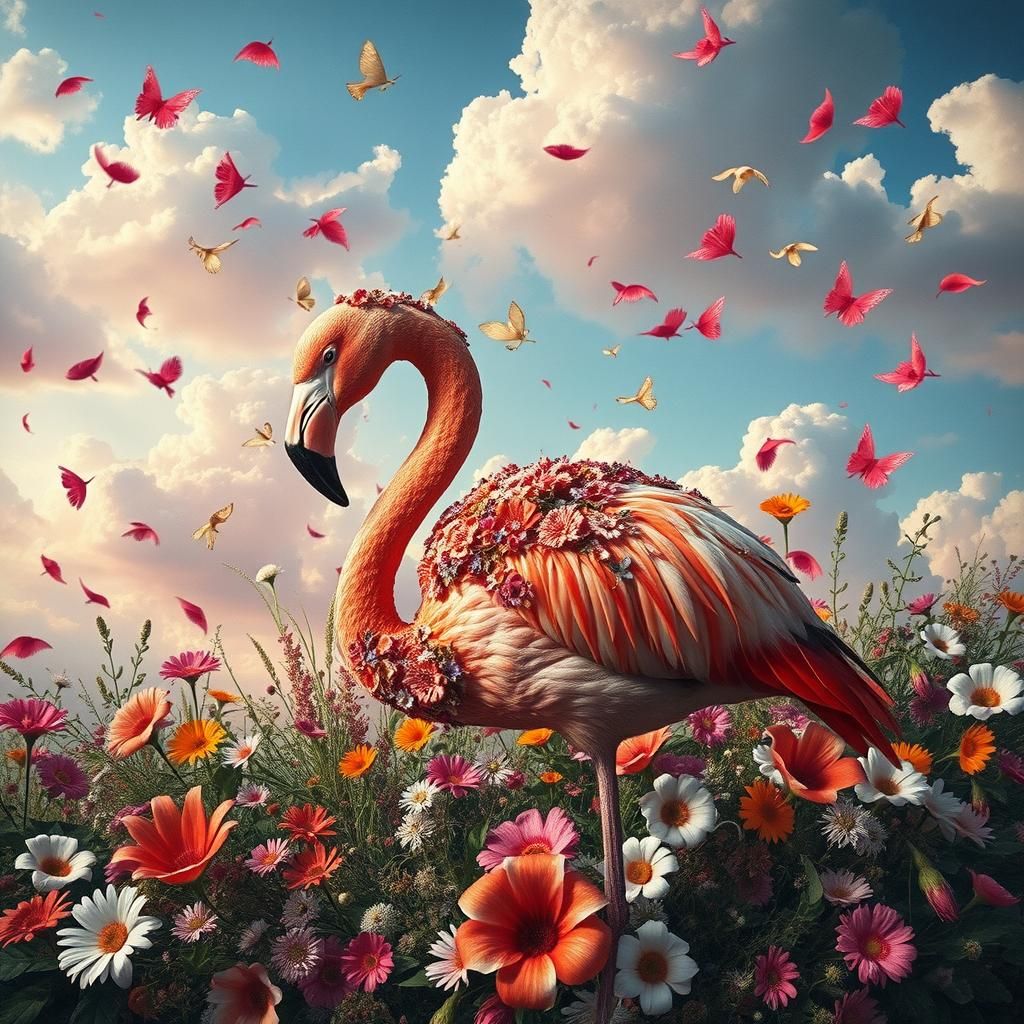 Floral Flamingo in Dreamlike Digital Collage