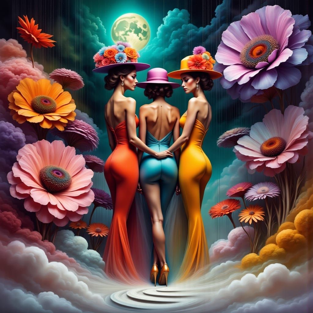 Three Women Adorned in Vibrant Attire Stand on a Sculptural ...