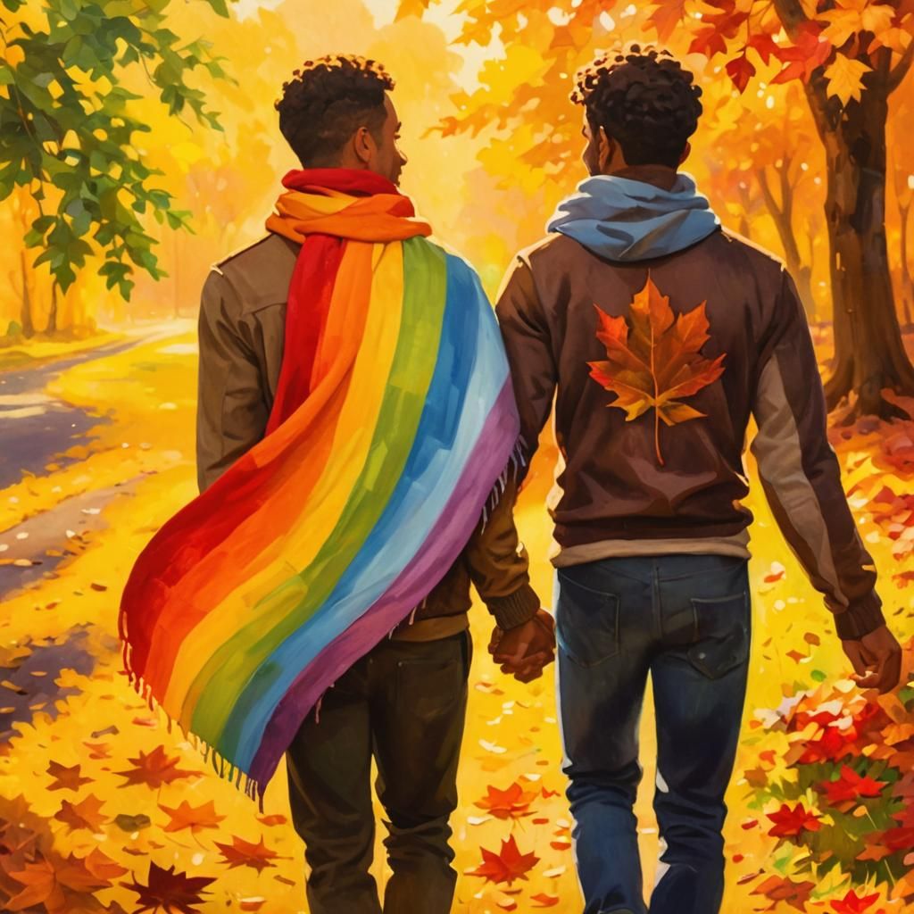 Gay Couple in Autumn Landscape, Van Gogh Style