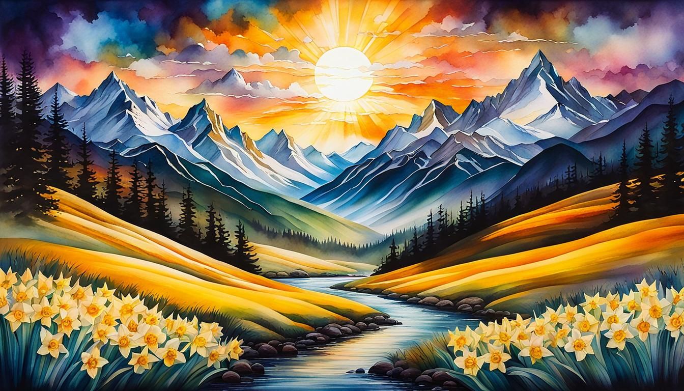 Snowy Mountain Sunrise with River, Alcohol Ink Style