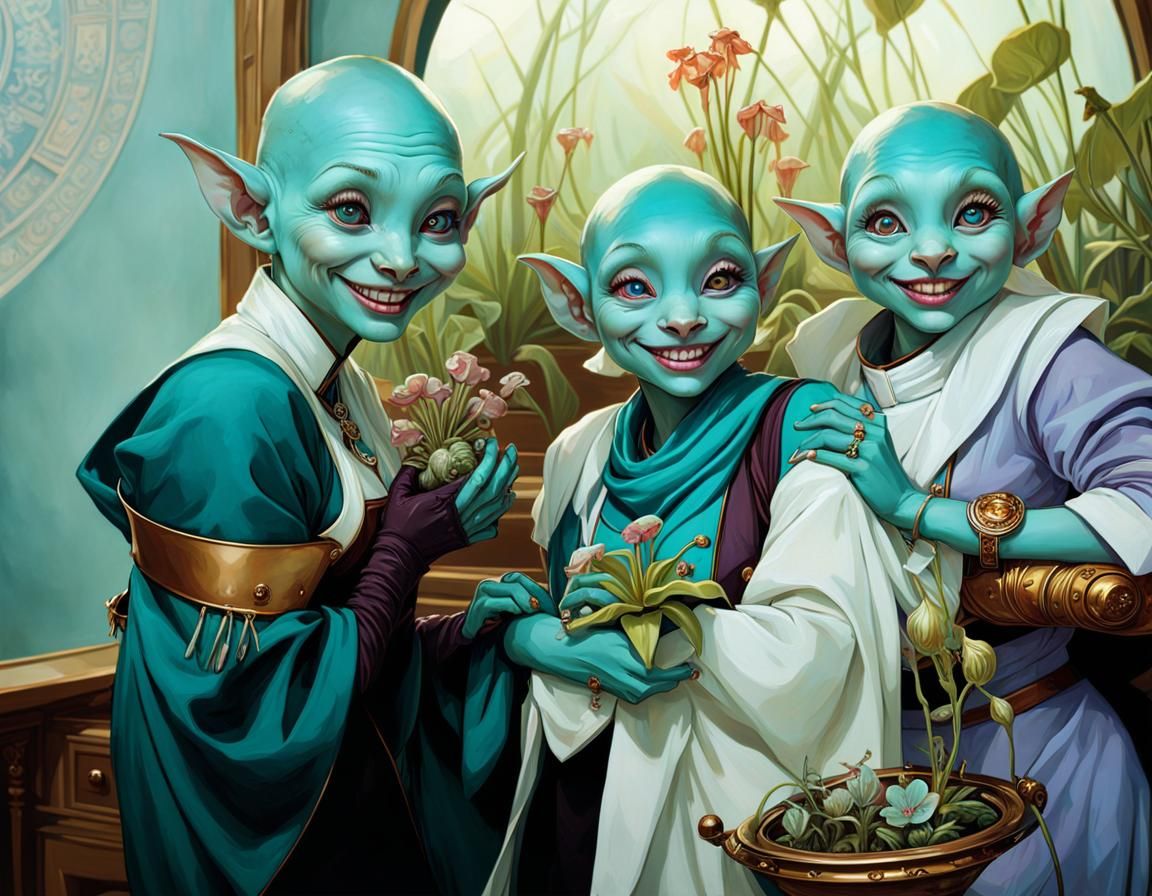 Turquoise Goblin Nurses in Art Nouveau Style