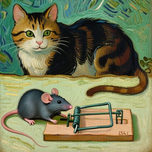 Mouse Caught Between Cat and Trap, Van Gogh Style