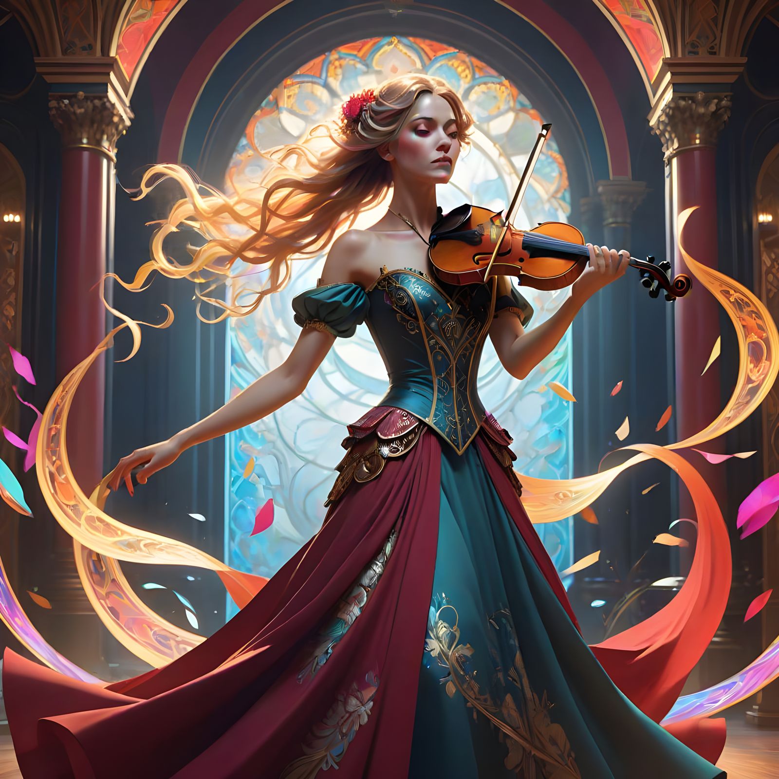 Elegant Violinist in Vibrant Music Notes