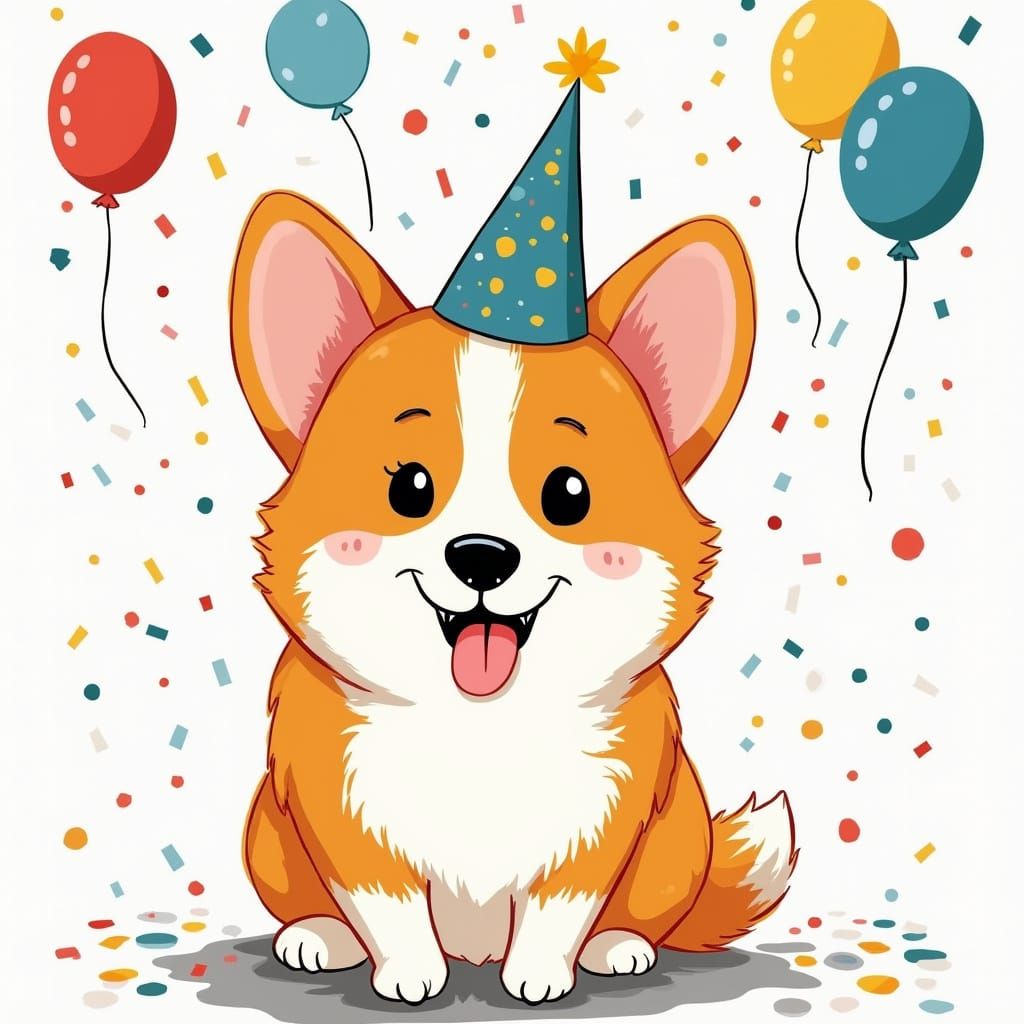 Corgi Celebrates with Balloons in Whimsical Style