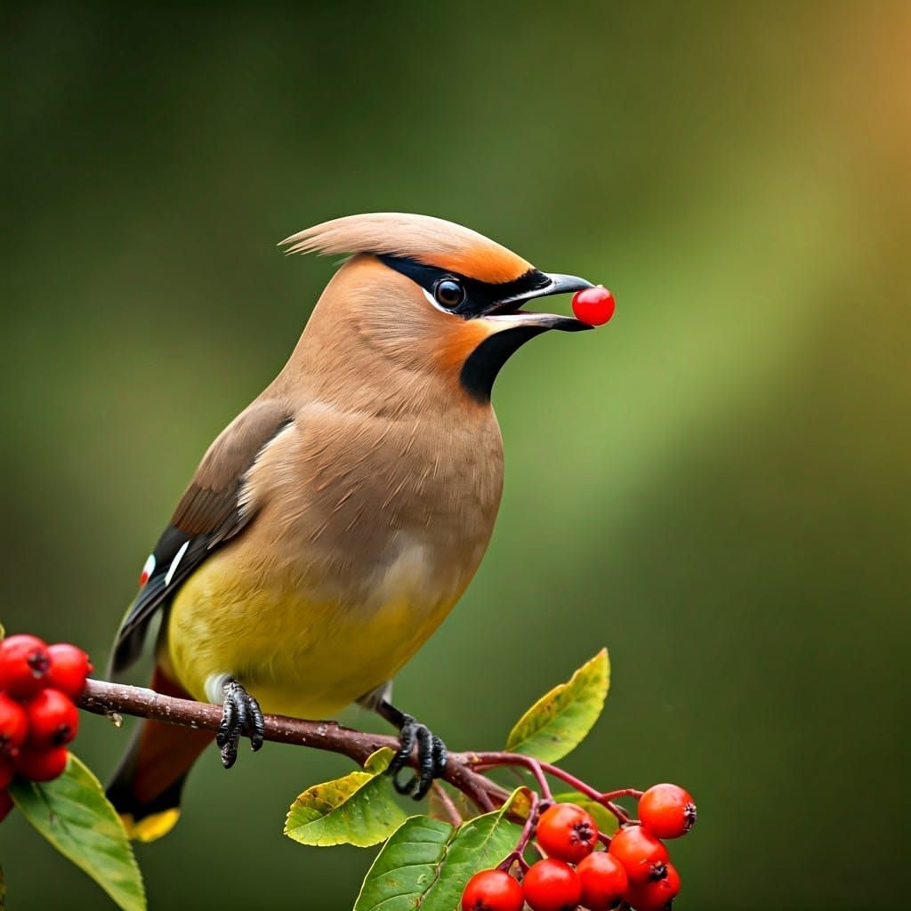 Waxwing Perched Eating Berry: Macro Photograph