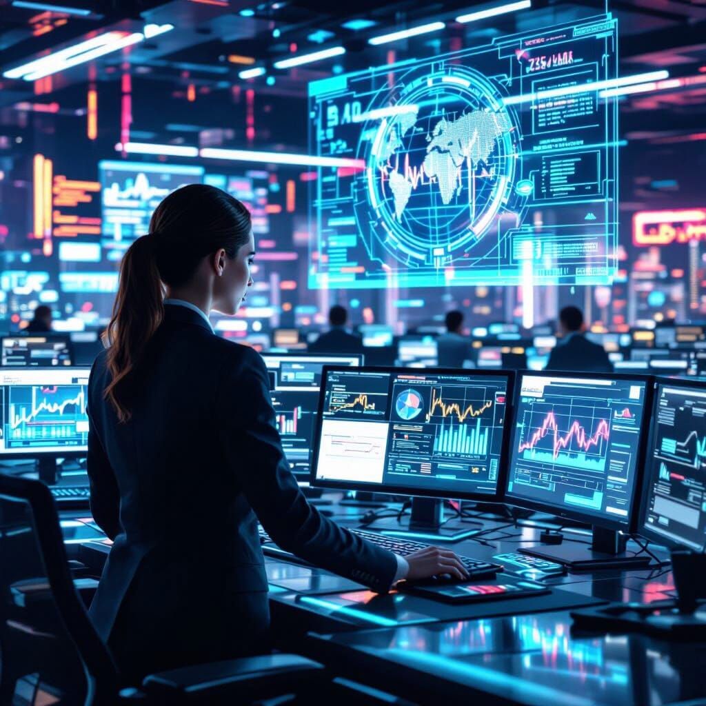 Futuristic Trading Floor in Cyberpunk Style