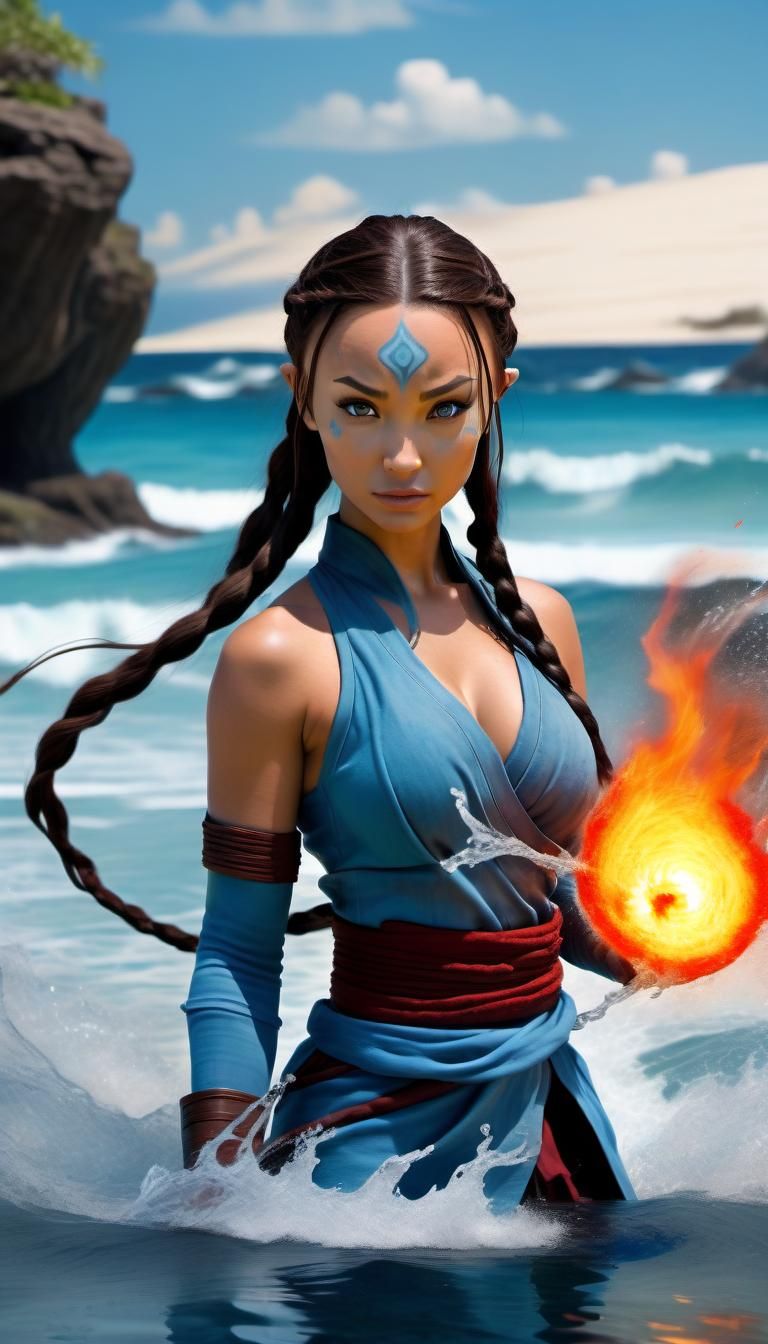 Lindsey Pelas as Katara of Avatar The Last AirBender with the movement of controlling the water waves with his hand, fin...
