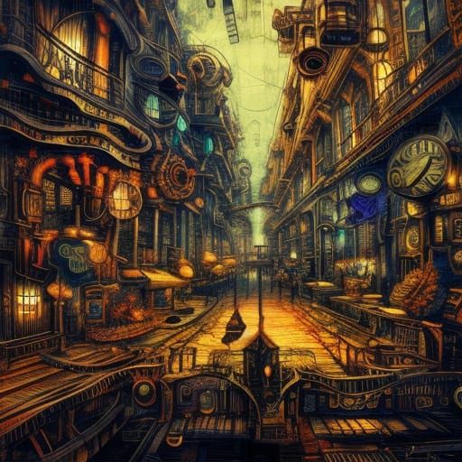 Steampunk City in Scratch Art Style