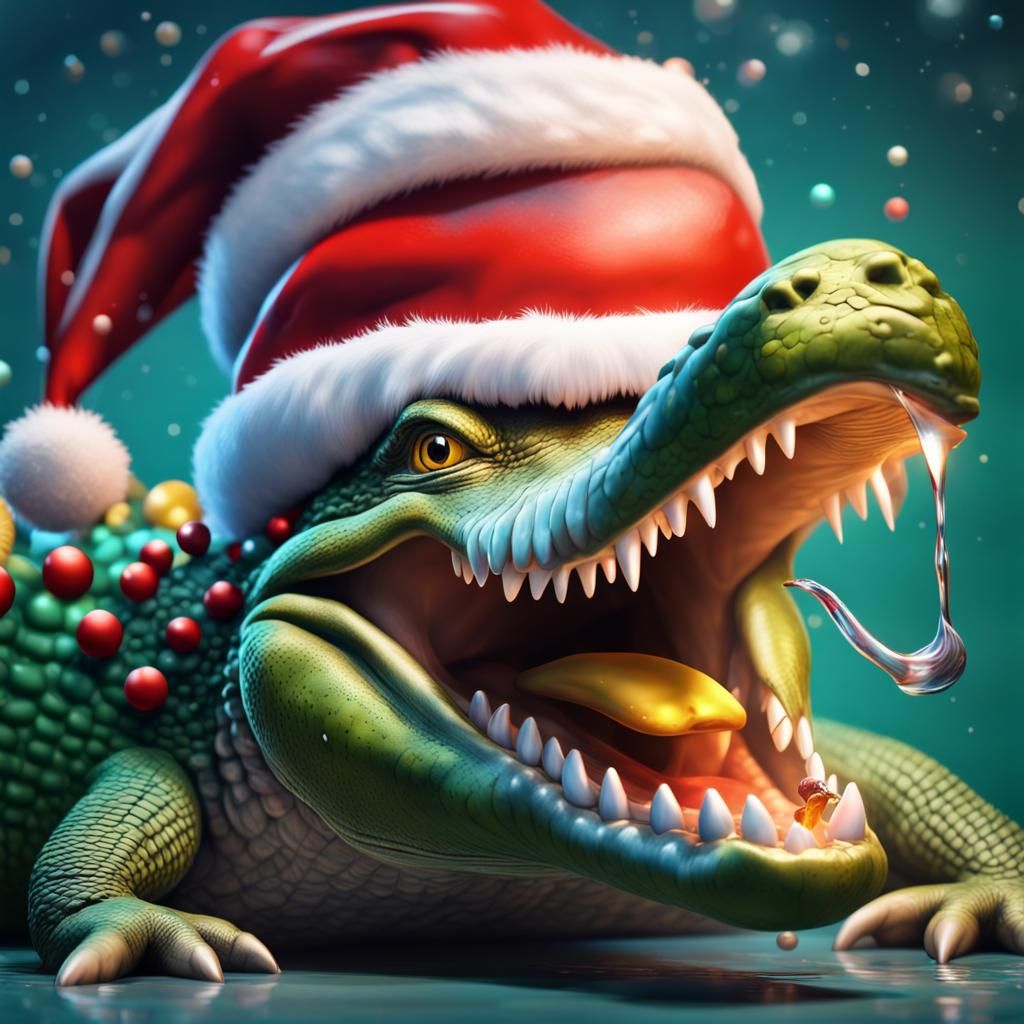 Festive Bird Celebrates Christmas in Crocodile Mouth