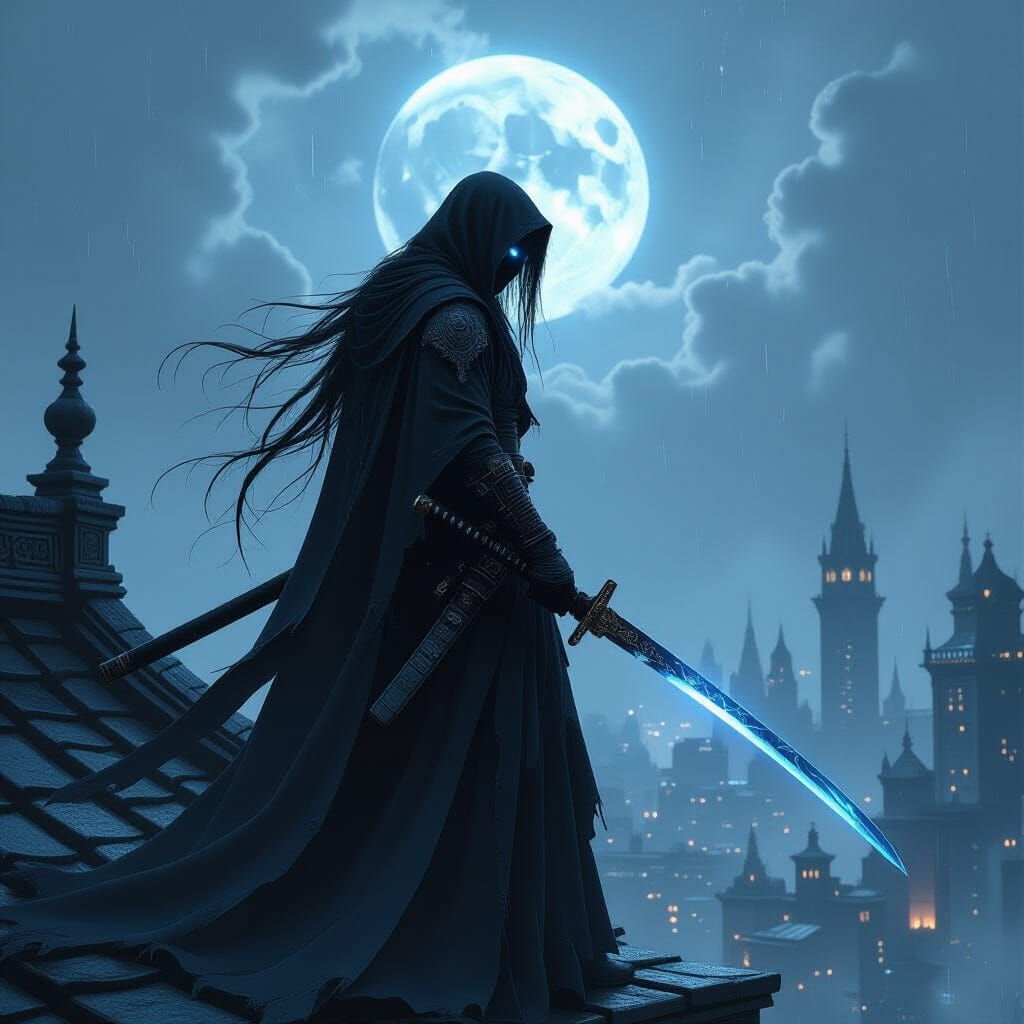 Ninja Warrior on Gothic Rooftop in Cyberpunk Style