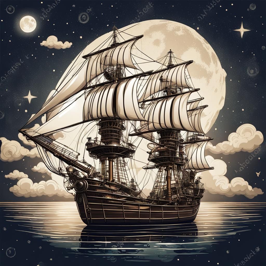Steampunk Tall Ship Soaring in Night Sky