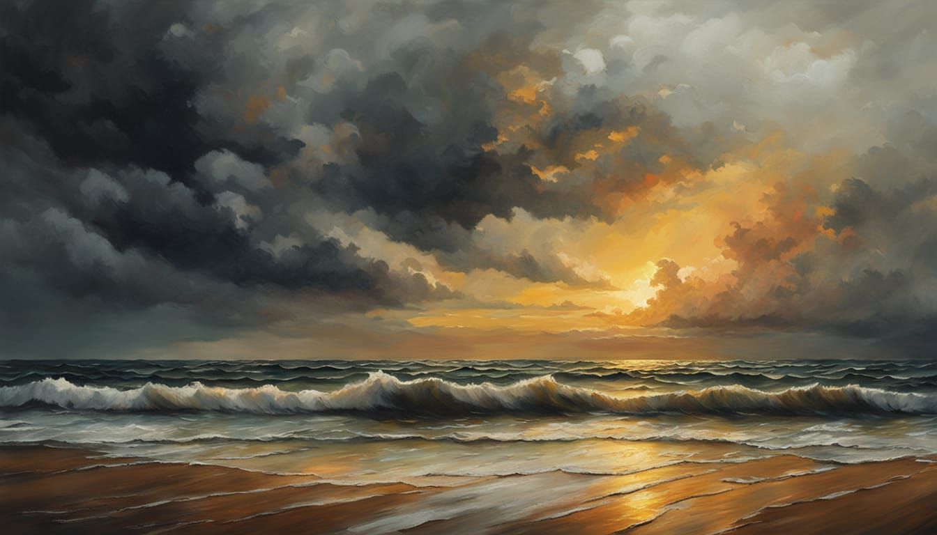 Dramatic Seascape Oil Painting with Golden Horizon