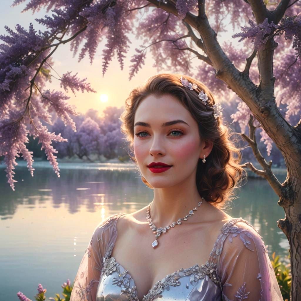 Woman by Crystalline Tree in Surreal Landscape