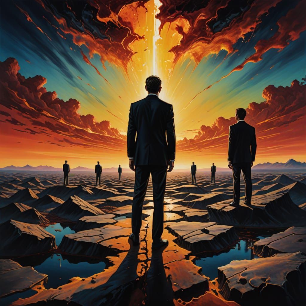 Surreal Men in Black at World's Edge