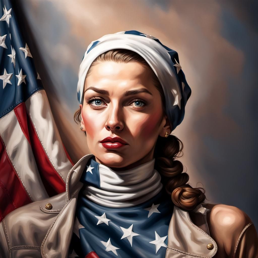 Hyperrealistic Rosie the Riveter with American Flag