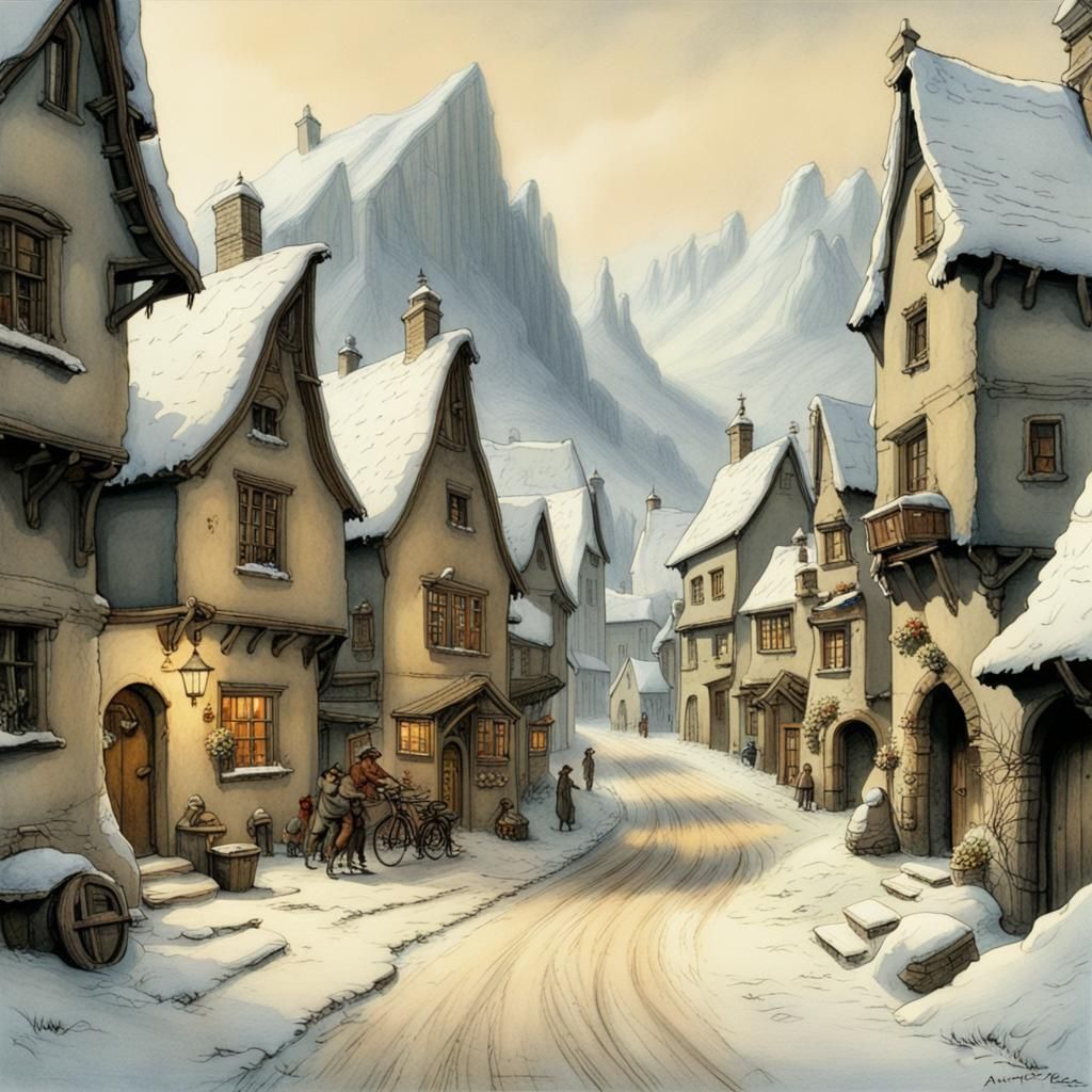 Snowy Village Street in Detailed Matte Painting