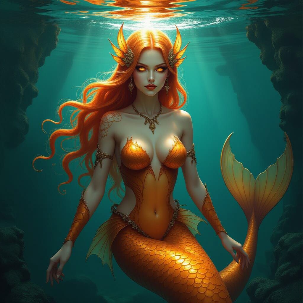 Menacing Amber Mermaid in Gothic Fantasy Style