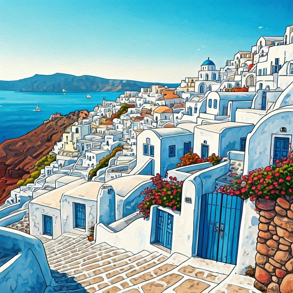 Whimsical Greek Coastal Village in Santorini, Blending Folk ...