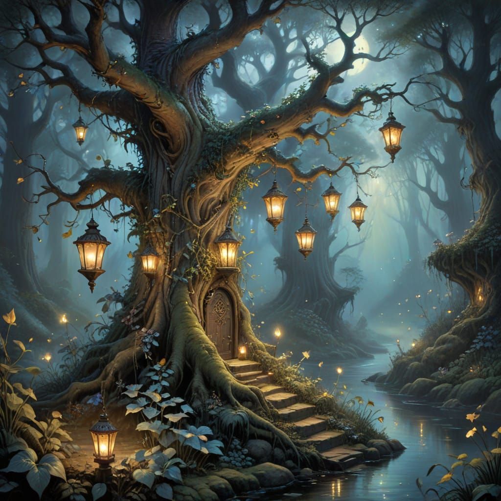 Glowing Tree with Lanterns in Mystical Forest