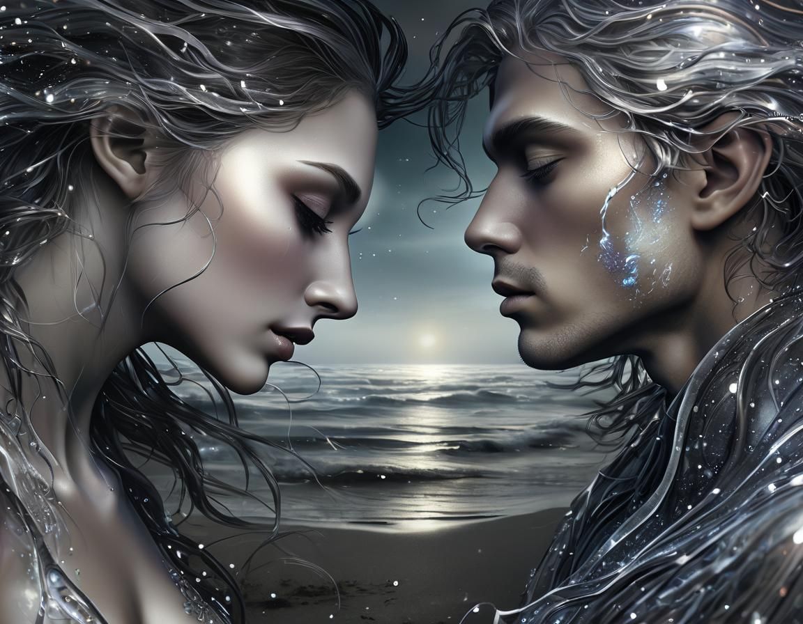 Ethereal Beings of Light Embrace on Black Sand Shore