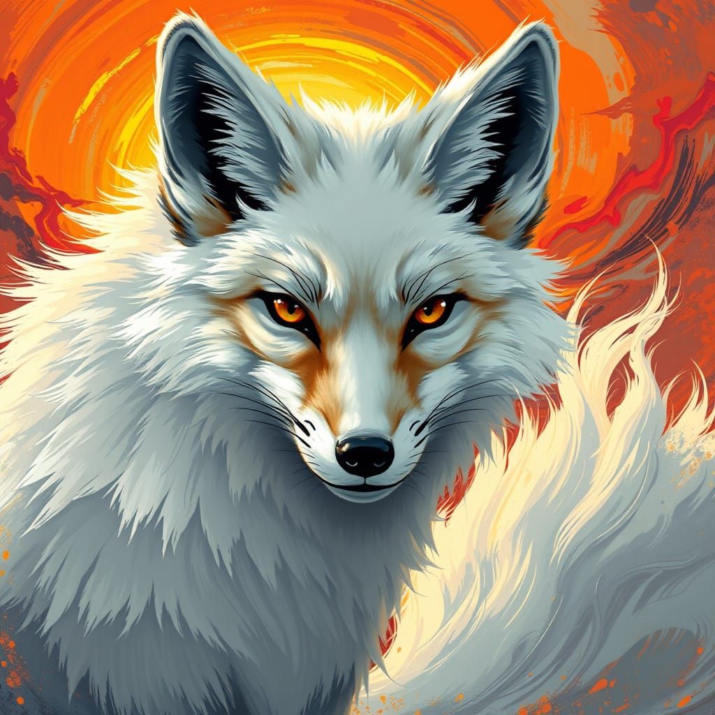 Vibrant White Fox Amidst Swirling Sunset in Expressive Anime...