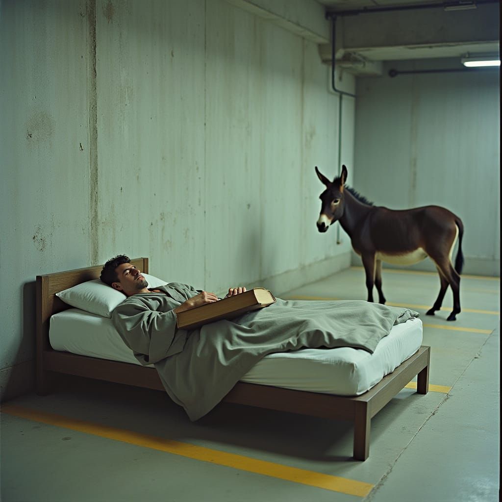 Man Reading Book in Cold Underground Car Park