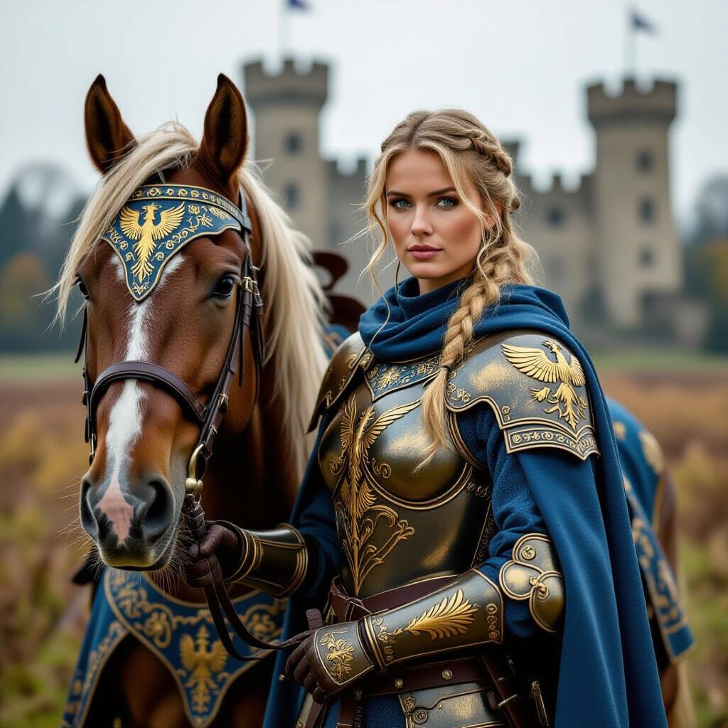 Female Paladin in Ornate Bronze Armor with Warhorse
