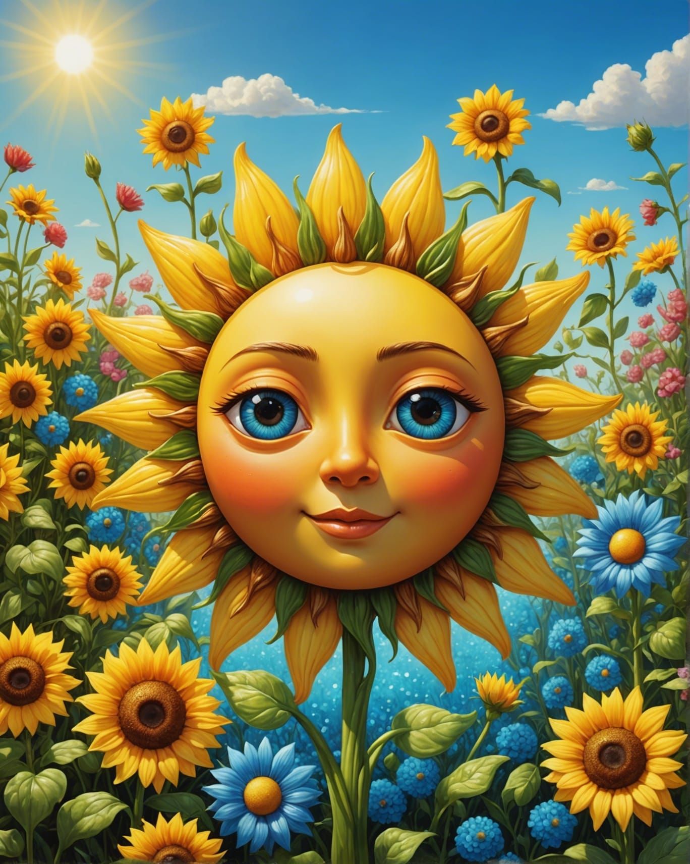 Cute Sun with Flowers in 3D Acrylic Style