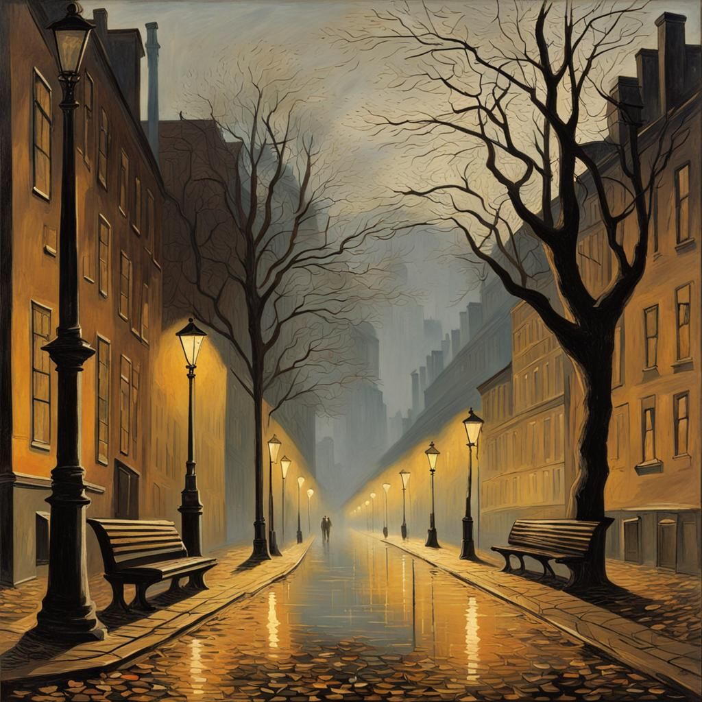 Rainy Alley in Romantic Oil Painting Style