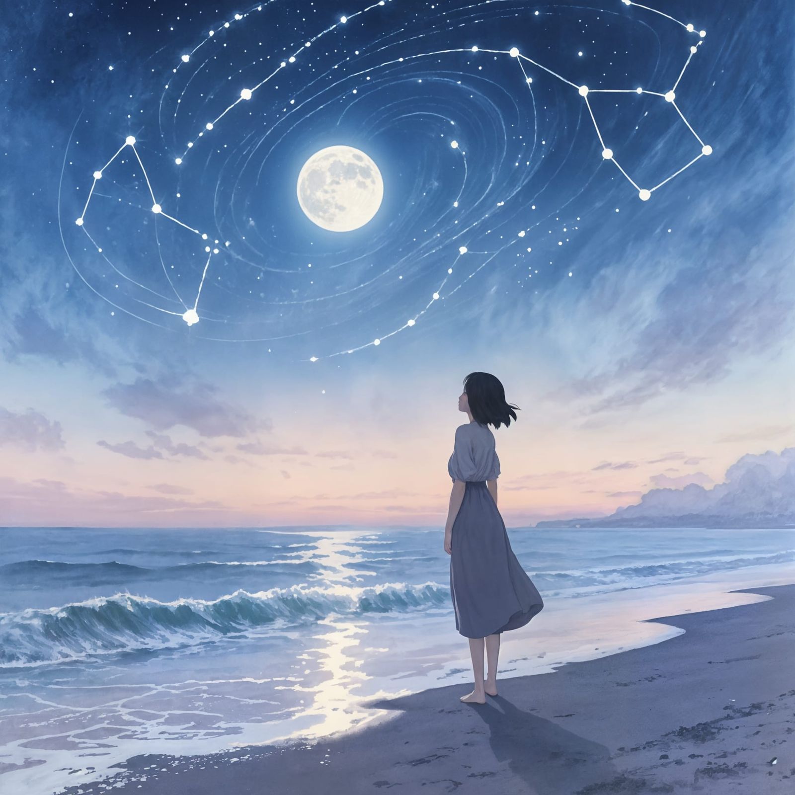 Twilight Beach Serenity: Woman Gazes at Luminous Constellati...