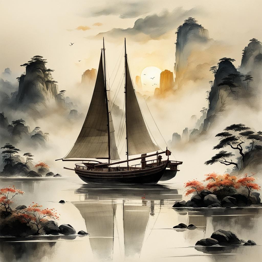 Dreamlike Sailboat in Chinese Ink Painting Style