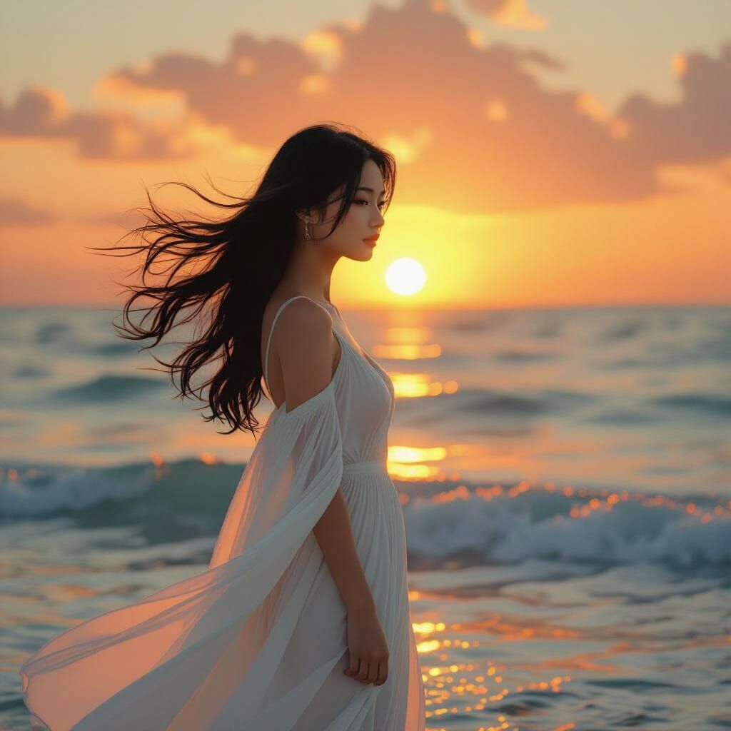 Woman Silhouetted Against Sunset in Cinematic Style
